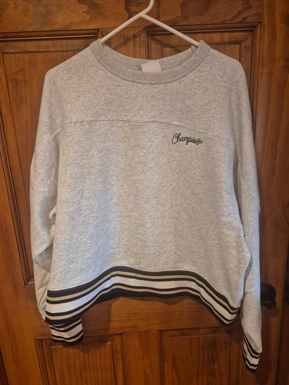 Champion Light Gray Crewneck Sweatshirt with Black & White Stripes